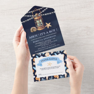 Blaue Vintage-nautische Laterne Baby Shower All In One Einladung