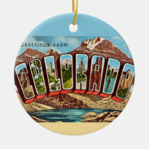 Blaue Vintage-Postkarte aus Colorado Keramik Ornament