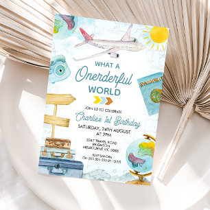 Blaue Vintage-Reise Onederful Welt 1. Geburtstag Einladung