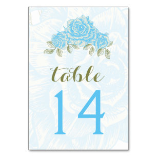 Blaue Vintage-Rosen Hochzeit Tischnummernkarte Tischnummer