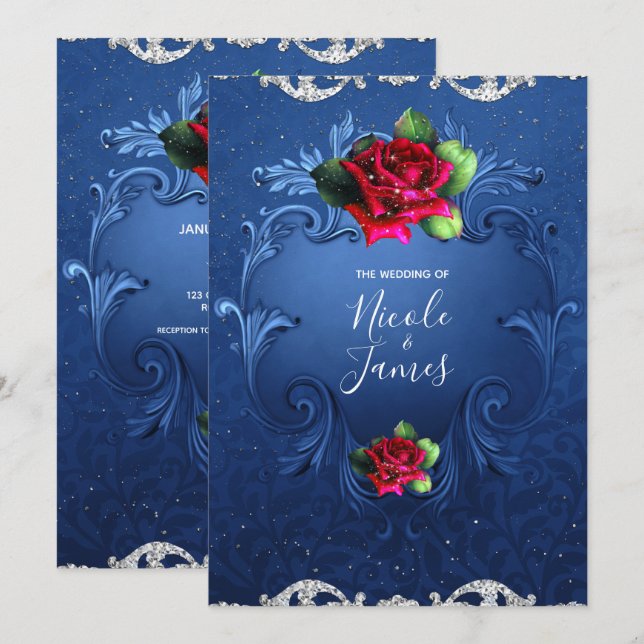 Blaue Vintage Rote Rosen Einladung (Vorne/Hinten)