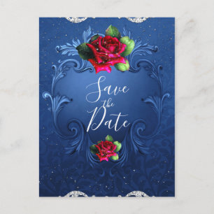 Blaue Vintage Rote Rosen Save the Date Ankündigungspostkarte