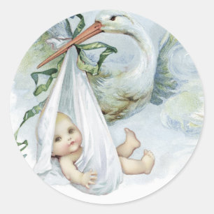 Blaue Vintage-Storch-Babyshower-Aufkleber Runder Aufkleber