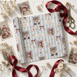 Blaue Vintage-Ticking-Streifen-Fotocollage Geschenkpapier