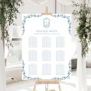 Blaue Vintage-Wappen-Hochzeit 9-Tisch-Sitzordnung Poster