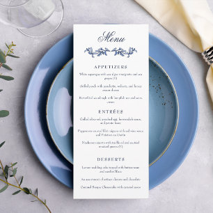 Blaue Vintage-Wappen-Monogramm-Eleganz-Hochzeit Menükarte