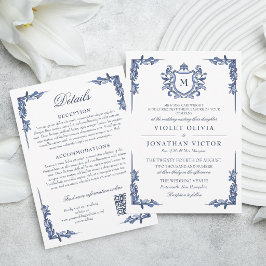 Blaue Vintage-Wappen-Monogramm-Hochzeit mit Detail Einladung