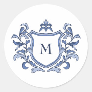 Blaue Vintage-Wappen-Monogramm-Hochzeitsumschlag-S Runder Aufkleber