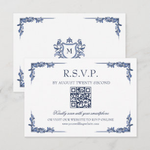 Blaue Vintage-Wappen-Monogramm-RSVP Online RSVP Karte