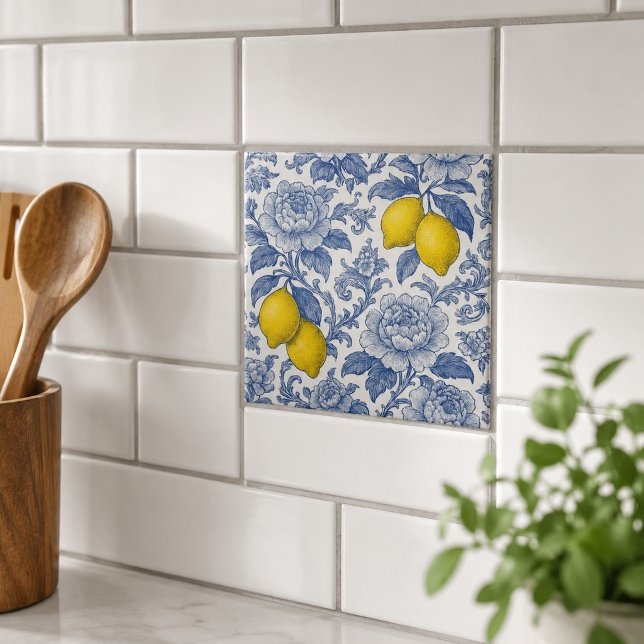 Blaue Vintage-Zitronen-Botanik-Muster Fliese (Von Creator hochgeladen)