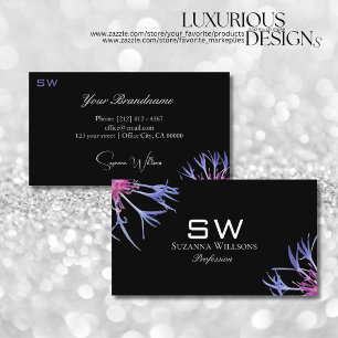 Blaue Violette Sternblume auf Schwarz mit Monogram Visitenkarte