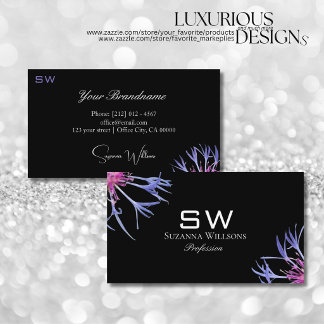 Blaue Violette Sternblume auf Schwarz mit Monogram Visitenkarte
