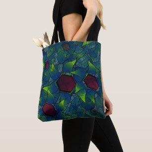 Blaue, virtuelle Blütenblätter, Blätter und rote H Tasche