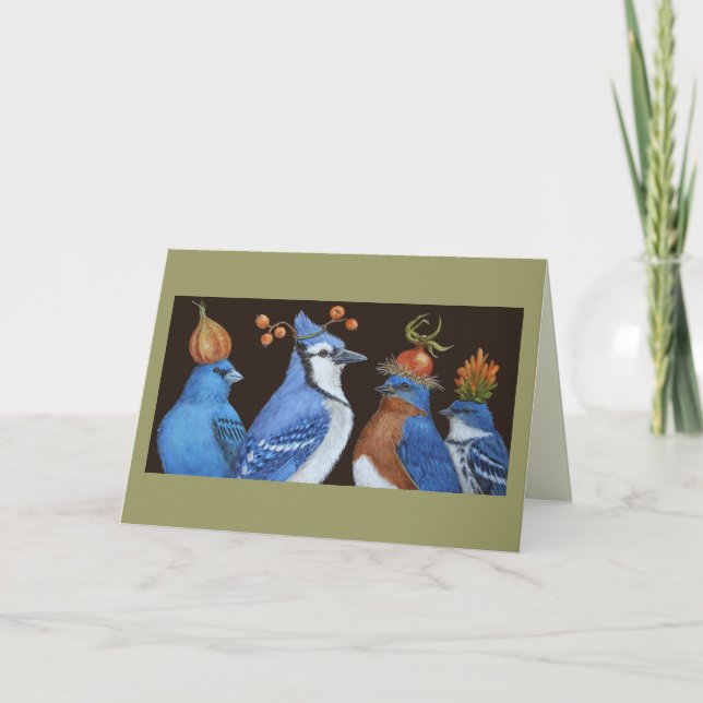 Blaue Vögel auf der Orange Hat Night Card Karte (Vorderseite)