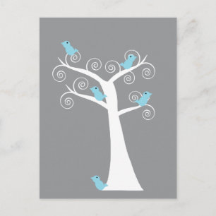 Blaue Vögel auf weißem Baum grauem Hintergrund Nat Postkarte