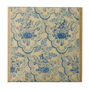 Blaue Vögel Blumen Antik Falten Weiß Blau Fliese