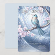 Blaue Vogel-Blumen-Einladung zur Babyparty