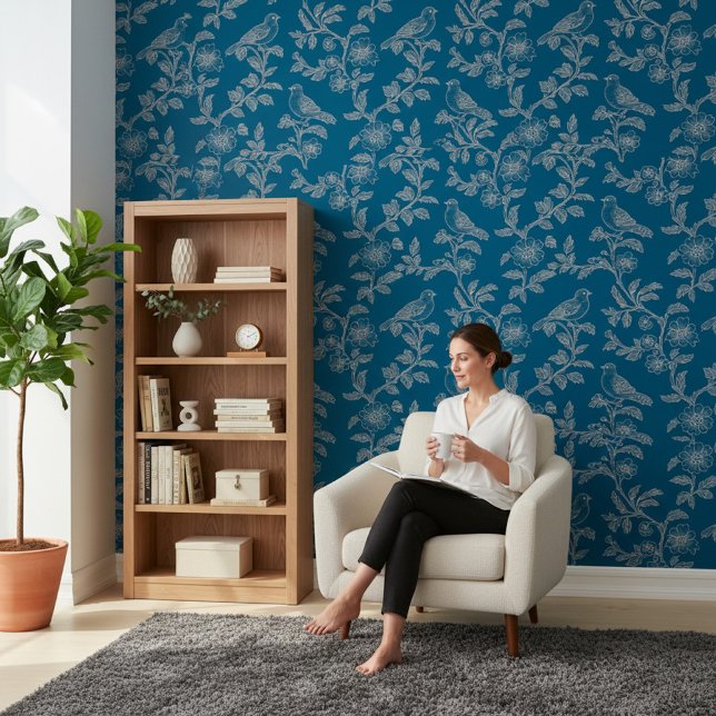 Blaue Vogel-Blumen-Linienkunst Tapete (Von Creator hochgeladen)