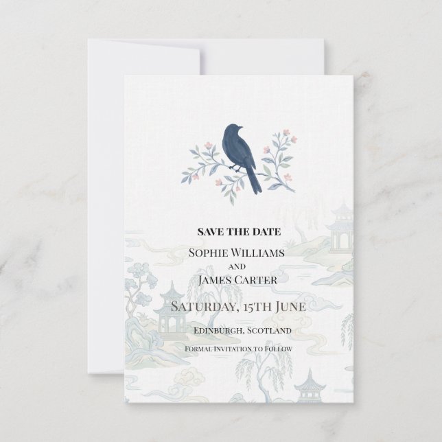 Blaue Vogel Blumenhochzeit Save The Date (Vorderseite)