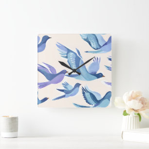 Blaue Vögel fliegen   Moderne Aquarellmalerei Quadratische Wanduhr