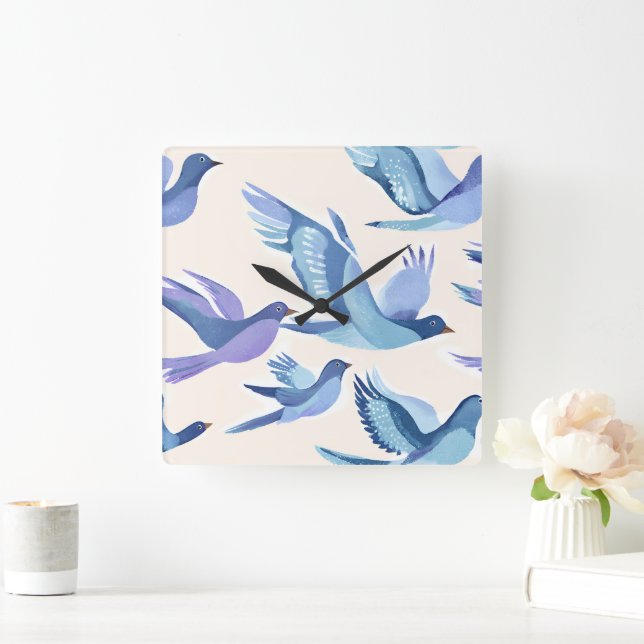 Blaue Vögel fliegen | Moderne Wasserfarbe Quadratische Wanduhr (Zuhause)