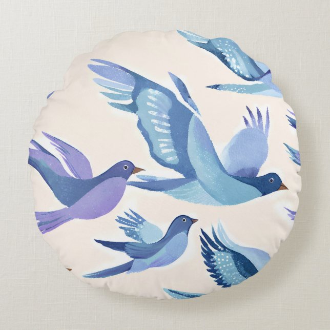 Blaue Vögel fliegen | Moderne Wasserfarbe Rundes Kissen (Vorderseite)