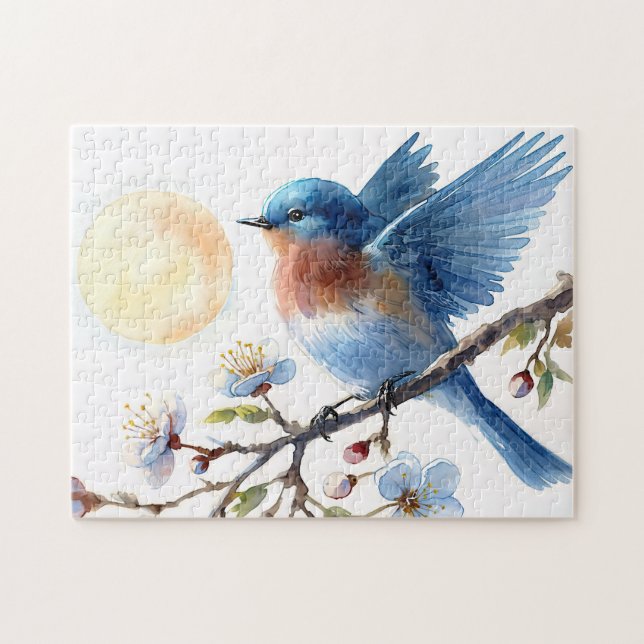 Blaue Vogel-Frühlingsblüten-Vogel-Kunst (Horizontal)