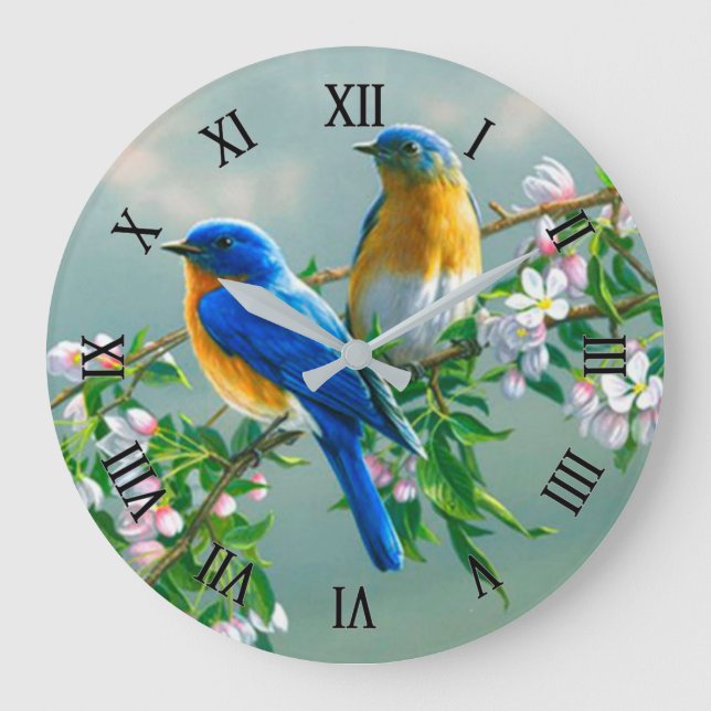 Blaue Vögel Große Wanduhr (Vorderseite)