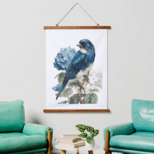 Blaue Vogel Hortensien Aquarell Blumen Wandteppich Mit Holzrahmen