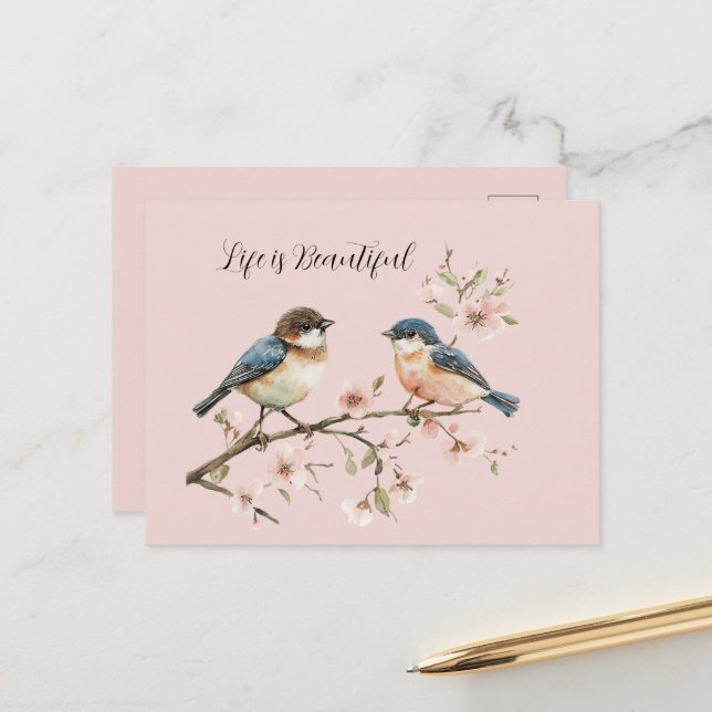 Blaue Vögel Kirschblüte  Postkarte (Vorderseite/Rückseite Beispiel)