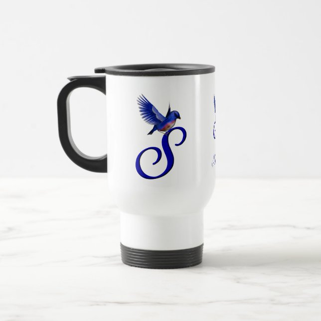 Blaue Vogel-Monogramm Anfangsbuchstabe S Elegant P Reisebecher (Links)