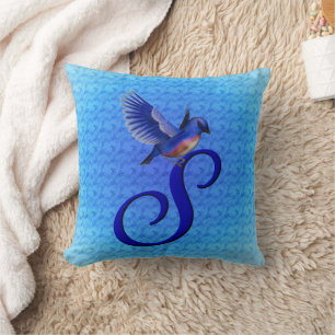 Blaue Vogel-Monogramm Anfangsbuchstabe S Kissen
