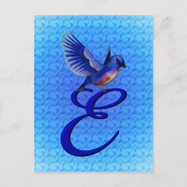 Blaue Vogel-Monogramm-Initiale E Elegant Postkarte (Vorderseite)