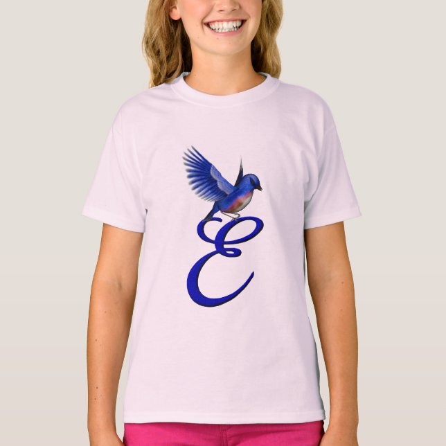 Blaue Vogel-Monogramm Initiale E Elegant  T-Shirt (Vorderseite)