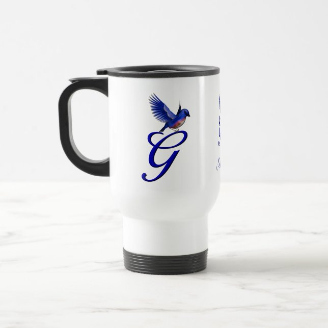 Blaue Vogel-Monogramm-Initiale G Elegant Personali Reisebecher (Links)
