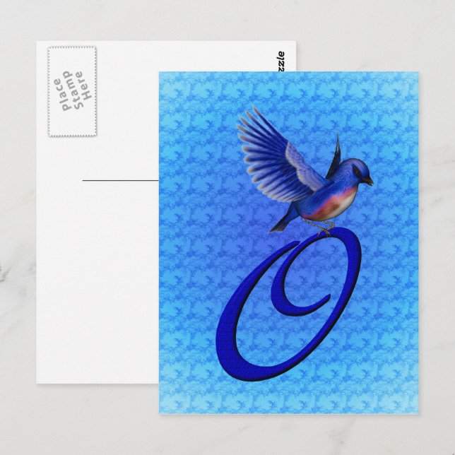 Blaue Vogel-Monogramm-Initiale O Elegant Postkarte (Vorne/Hinten)