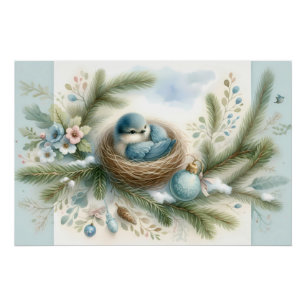 Blaue-Vogel-Nest mit Verzierungen in Winterkiefern Poster