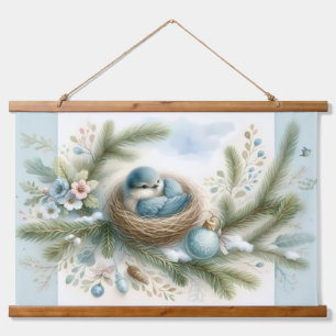 Blaue-Vogel-Nest mit Verzierungen in Winterkiefern Wandteppich Mit Holzrahmen