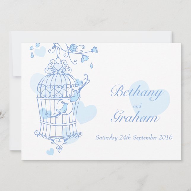 Blaue Vögel Offener Käfig Hochzeitseinladung Einladung (Vorderseite)