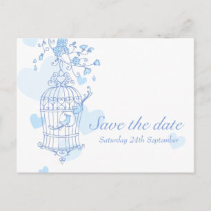 Blaue Vögel öffnen Käfig Hochzeit speichern das Da Ankündigungspostkarte