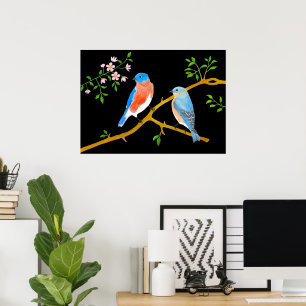 Blaue Vögel Schwarz Poster