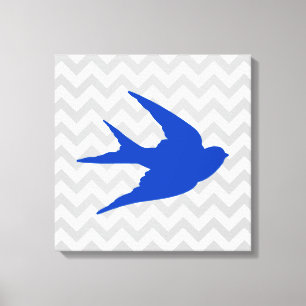 Blaue Vogel-Silhouette auf Zickzack Streifen Leinwanddruck