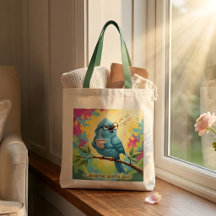 Blaue Vogel-Tragetasche mit Zitat