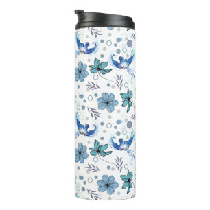 Blaue Vögel und florale Harmonie Nahtloses Muster Thermosbecher