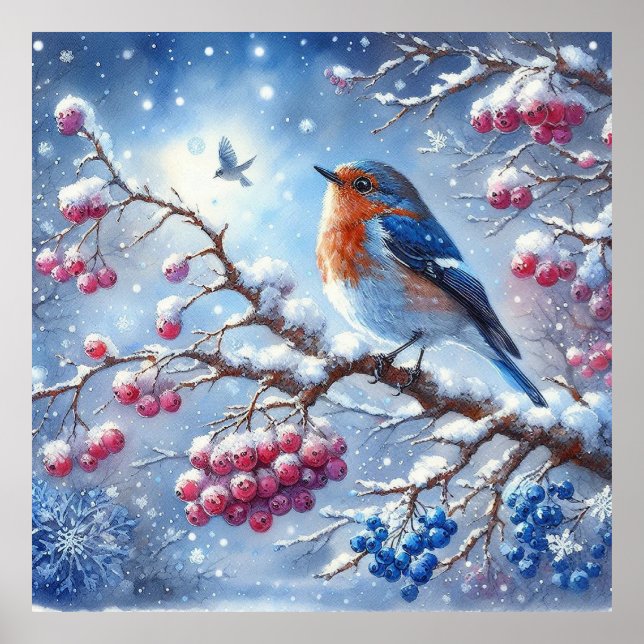 Blaue Vogel- und Winterlandschaft 9 Poster (Vorne)