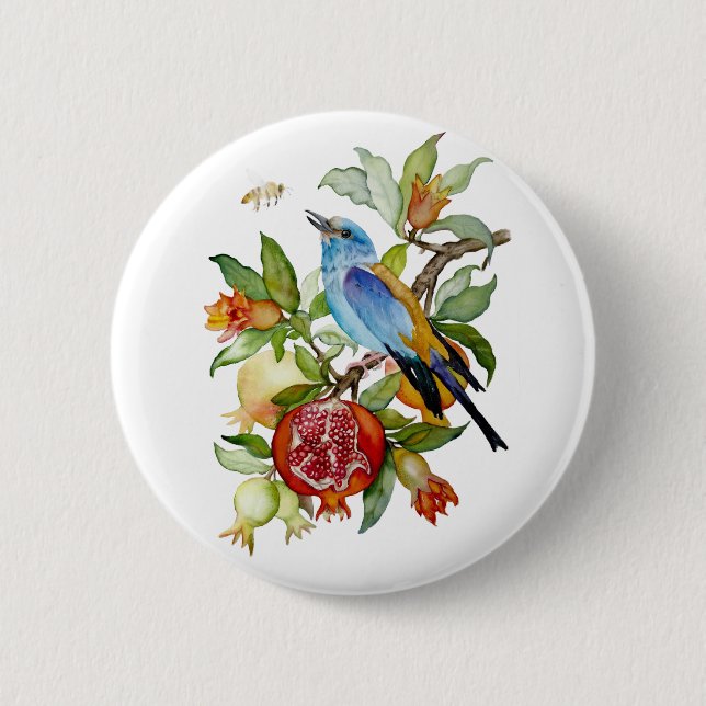 Blaue Vogel unter Granatäpfeln Aquarell-Botanik Button (Vorderseite)