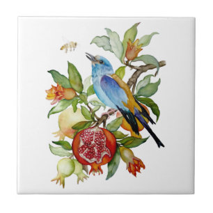 Blaue Vogel unter Granatäpfeln Aquarell-Botanik Fliese