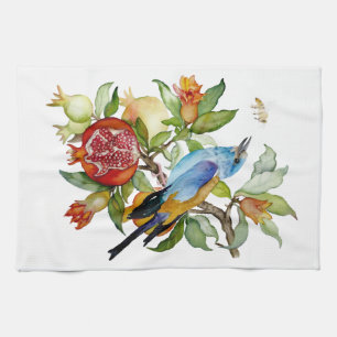 Blaue Vogel unter Granatäpfeln Aquarell-Botanik Geschirrtuch