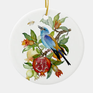 Blaue Vogel unter Granatäpfeln Aquarell-Botanik Keramik Ornament