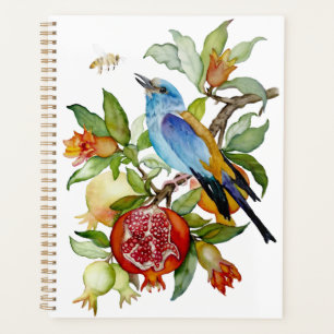 Blaue Vogel unter Granatäpfeln Aquarell-Botanik Planer